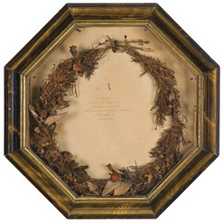 Lincoln funerary wreath, Ohio, dated April 29, 1865. Floral and foliate wreath mounted in its original shadow box frame, and the backing paper reads, "This Wreath lay upon the Breast of Abraham Lincoln while his body was lying in State at Columbus, O. April 29, 1865."