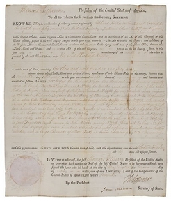 Thomas Jefferson [autograph/autographed] signed land grant, document signed, partially printed on vellum, May 2, 1803, signed by Thomas Jefferson as President (1801 to 1809) and James Madison as Secretary of State (President, 1809 to 1817).