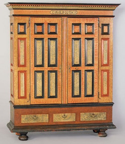 A highly important Berks County, Pennsylvania, painted schrank dated 1775, inscribed "17 Philip Detuk 75".