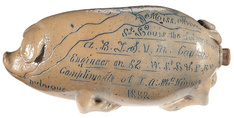Salt-glazed railroad engineer presentation pig flask [bottle] by Anna Pottery [Cornwall and Wallace Kirkpatrick, Anna, Illinois], dated 1882