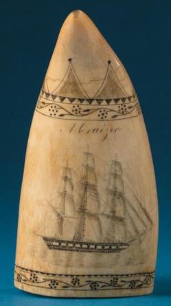 A scrimshaw whale's tooth depicting <i>A Cruizer</i> and <i>A Hard Gale</i>, attributed to Edward Burdett (1805 to 1833)