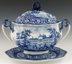 An early 19th century historical blue Staffordshire transferware decorated soup tureen and undertray, the cover and undertray with a view of the Deaf and Dumb Asylum, Connecticut and the tureen with a view of the Boston Almshouse.