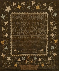 A circa 1805 needlework sampler, "Nabby Fowler," reportedly Salem, Essex County, Massachusetts
