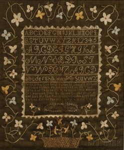 A circa 1805 needlework sampler, "Nabby Fowler," reportedly Salem, Essex County, Massachusetts