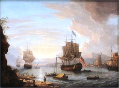 Dominic Serres, The Elder (British, French, 1722 to 1793) oil on canvas [marine] painting, An English Man-O-War Anchored in a Fortified Harbor, unsigned.