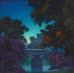 An oil on board [landscape painting], The Blue Fountain (Study for Reveries), by Maxfield Parrish, American (1870 to 1966), executed circa 1925