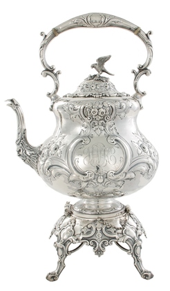 Victorian sterling silver kettle on stand, Richard Martin & Ebenezer Hall London, dated 1877, floral repousse-chased vessel with bird finial