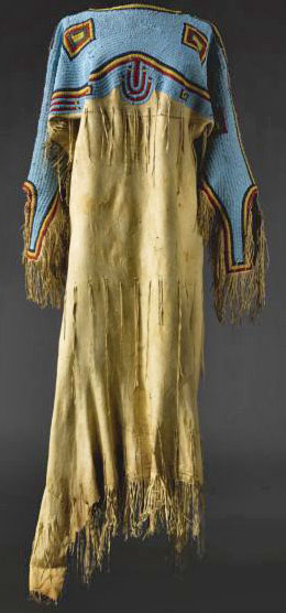 Clothing; Sioux, Dress, Beaded Hide, Fringe, 61 inch.