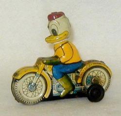 Friction Toy; Linemar, Donald Duck Motorcycle, Yellow, Tin, 4 inch.