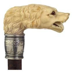 Cane; Ivory Handle, Dog Head, Wolfhound, Snake Wood Shaft, Tiffany