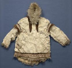 Eskimo Artifact; Parka, Caribou Fur, Wool Braid, 32 inch.