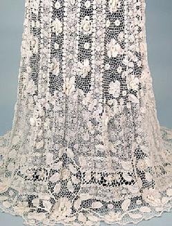 Dress-Wedding; Irish Crochet, Long Sleeves, Train, Unlined, White.