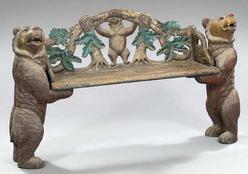 Furniture Bench Black Forest Carved Bear Polychromed Highlights