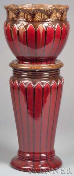 Weller Pottery; Jardiniere & Pedestal, Repeating Blade Decor, Brown