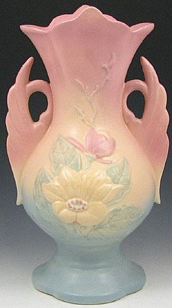 Hull Pottery Magnolia Vase Swan Handles Pink Blue 13 Inch