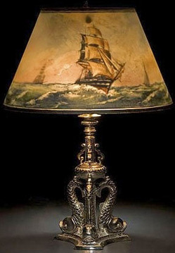 Table Lamp Pairpoint Nautical Scene Durand Glass Shade Dolphin