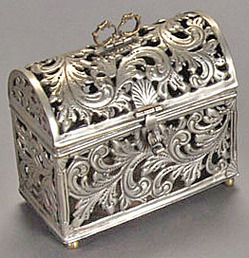 Trinket Box; Silver, Continental, Dome Top, Trunk Form, Ball Feet, 5 inch.