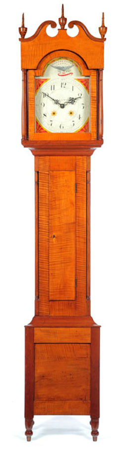Tall Case Clock; Ohio, Sheraton, Lewis (G), Curly Maple & Poplar