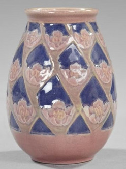 Download Newcomb College Pottery; Irvine (Sadie), Vase, Latticed Flowers, Pink & Blue, 7 inch.
