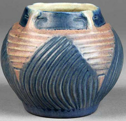 Download Newcomb College Pottery; Griffin (Marietta F)?, Vsae, Abstract Carved, Pink & Blue, 4 inch.