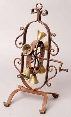 Bell; Table Ringer, Brass Bells (6), Wrought Iron Stand, Hand-Crank, 15 ...