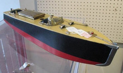 toy boat; orkin craft, speedboat, wood, driver, wind up