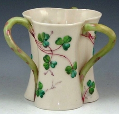 Belleek Porcelain; Irish, Loving Cup, 3 Handled, Shamrocks, 2nd Black