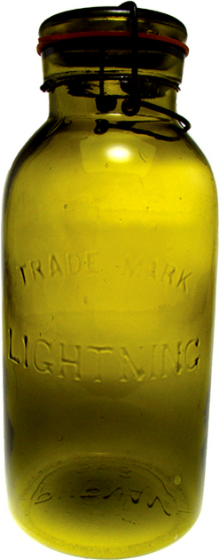 Canning Jar; Trademark Lightning, Olive Green, Glass Lid & Clamp, Half Gallon.