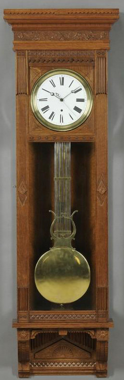 Regulator Clock; Waterbury, No 7, 8-Day, Wall, Oak, 82 inch.