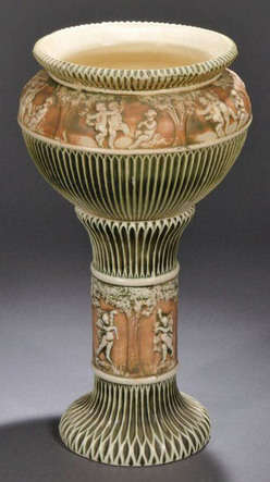 Roseville Pottery; Donatello, Jardiniere & Pedestal, Cream & Green, 30