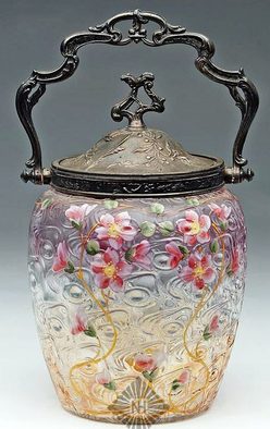 Art Glass; Victorian, Biscuit Jar, Floral, Enameled, 10 inch.
