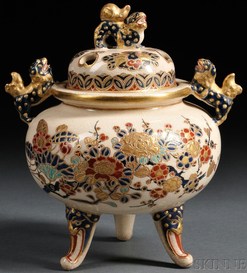 Satsuma Pottery; Japanese, Censer, Ovoid, Flowering Branches, Shishi