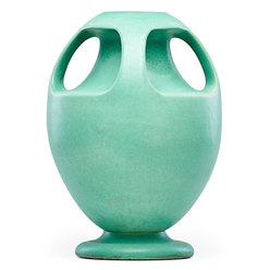 TECO Pottery; Albert (Fritz), Vase, 4 Handles, Green, 15 inch.